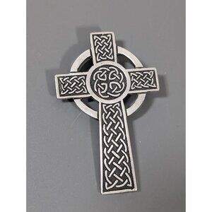 Vintage St Justin Pewter Cross Pin Brooch Celtic Knot Silver Tone